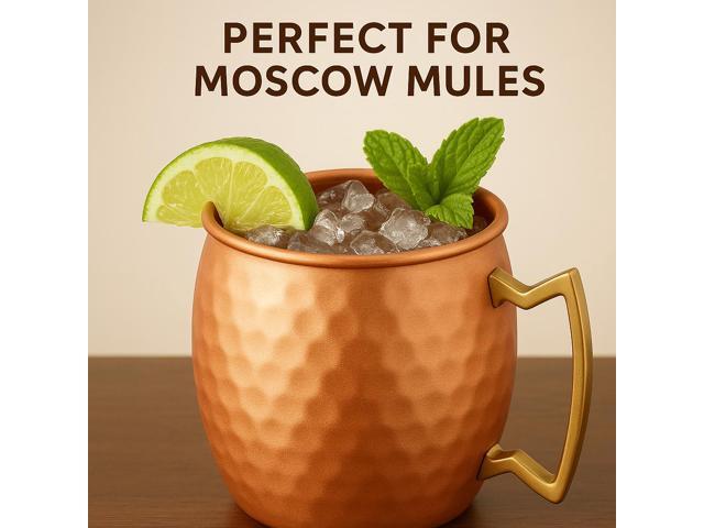 Modern Home Handmade 16oz Solid Copper Mule Mug Nickel Lined Barrel Shaped Mug with Brass Handle & Hammered Texture (Single)