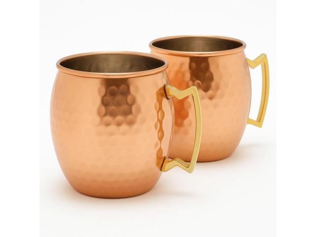 Modern Home Handmade 16oz Solid Copper Mule Mug Nickel Lined Barrel Shaped Mug with Brass Handle & Hammered Texture (Set of 2)
