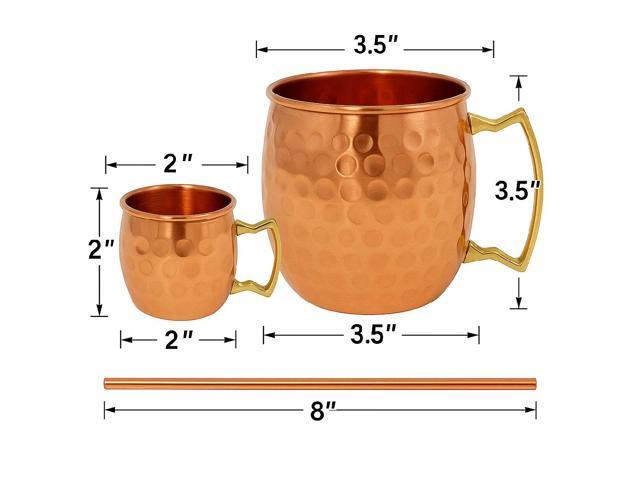Modern Home Authentic 6-Piece Copper Moscow Mule Mug Set 2 Full-Size Hammered Mugs + 2 Mini Shot Glasses with Brass Handles & 2 Straws 100% Pure...