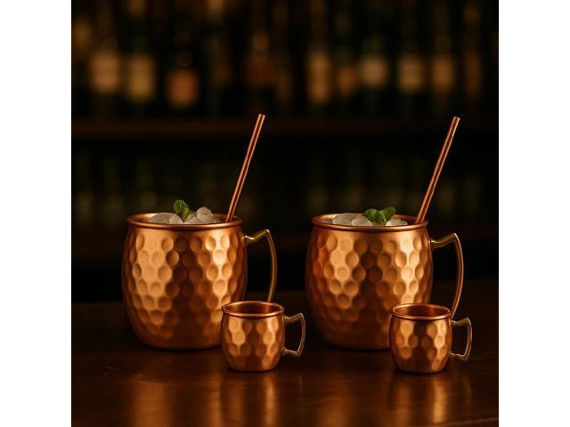 Modern Home Authentic 6-Piece Copper Moscow Mule Mug Set 2 Full-Size Hammered Mugs + 2 Mini Shot Glasses with Brass Handles & 2 Straws 100% Pure...