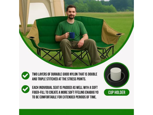 GoTEAM Portable Folding Bench Couch 3 Seat Collapsible Outdoor Chair with Cup Holders & Carry Bag (Green/Beige)