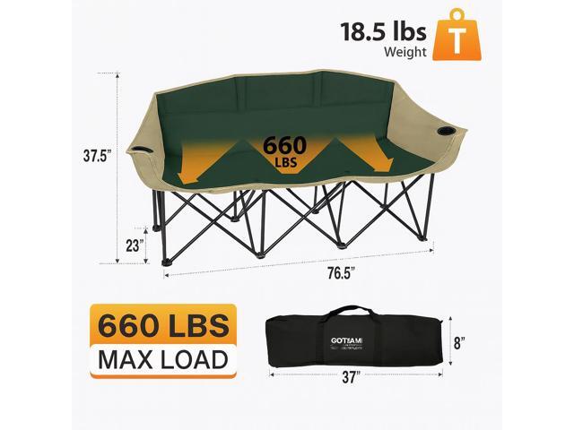 GoTEAM Portable Folding Bench Couch 3 Seat Collapsible Outdoor Chair with Cup Holders & Carry Bag (Green/Beige)