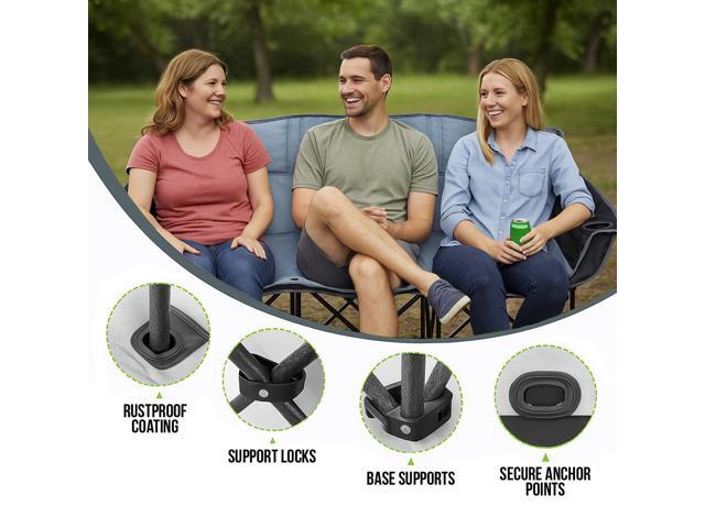 GoTEAM Portable Folding Bench Couch 3 Seat Collapsible Outdoor Chair with Cup Holders & Carry Bag (Green/Beige)