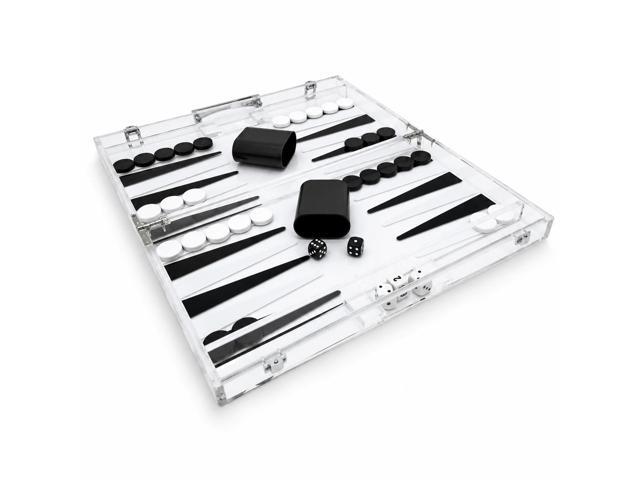 OnDisplay Luxury Acrylic Backgammon Set Modern Clear Lucite Coffee Table Board Game with Dice & Checkers (Black/White)