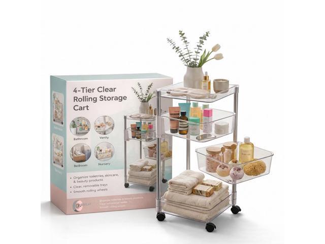 OnDisplay 360° Rotating Clear Acrylic Utility Cart Rolling Organizer for Vanity, Craft, Pantry, Office, Laundry, Nursery, Bath & Kitchen (Four Tier)