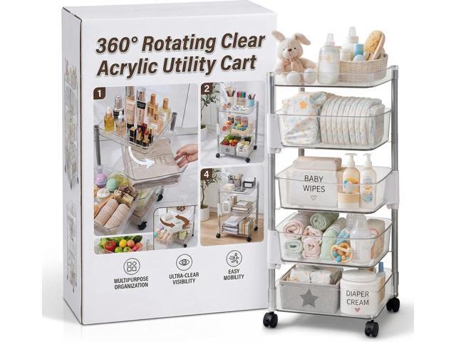OnDisplay 360° Rotating Clear Acrylic Utility Cart Rolling Organizer for Vanity, Craft, Pantry, Office, Laundry, Nursery, Bath & Kitchen (Five Tier)