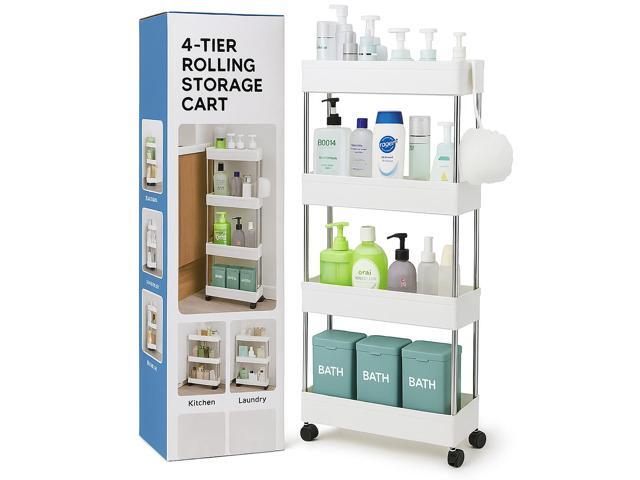 Modern Home 4 Tier Narrow Sliding Storage Organizer Rack - Laundry/Bathroom/Kitchen Rolling Cart (White)