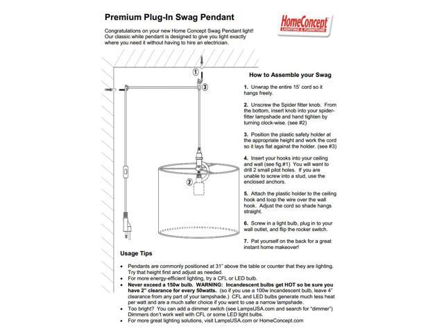 1-Light Plug-In Swag Pendant Lamp White 12x14x10