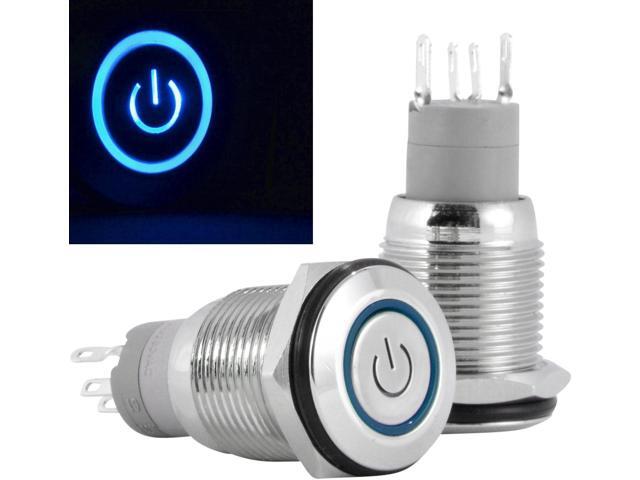 16mm 12V Latching Push Button Power Switch Stainless Steel Blue LED Waterproof