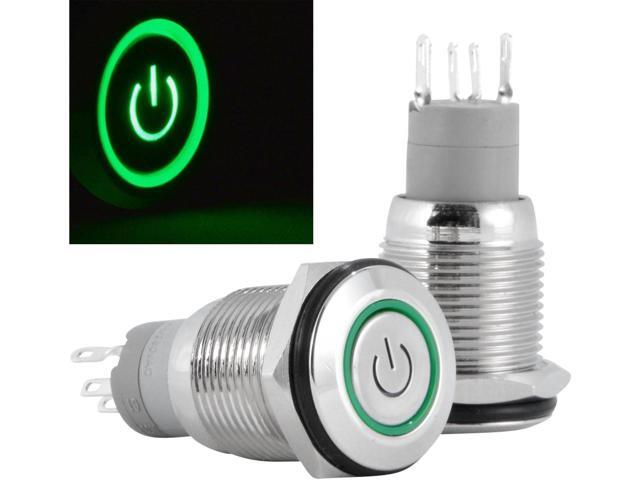 16mm 12V Latching Push Button Power Switch Stainless Steel Green LED Waterproof