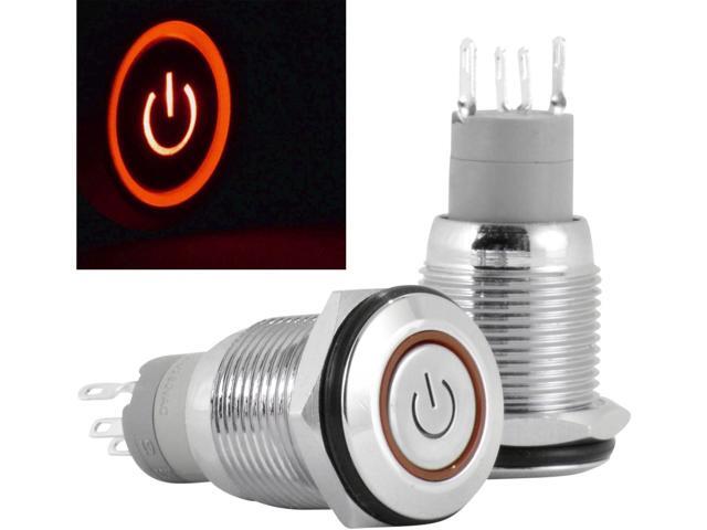 JacobsParts Latching Maintained Pushbutton ON/Off Switch Circular Metal Silver with Red Power Symbol LED Light fits 5/8' (16mm) Diameter Panel...
