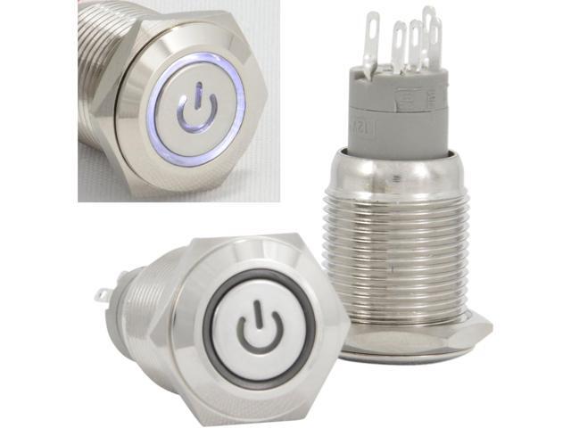 16mm 12V Latching Push Button Power Switch Stainless Steel White LED Waterproof