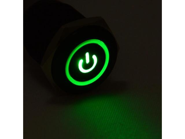 16mm 12V Latching Push Button Power Switch Black Metal Green LED Waterproof