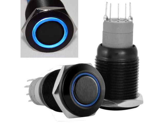 16mm 12V LED Momentary Push Button Black Metal Power Switch, Blue