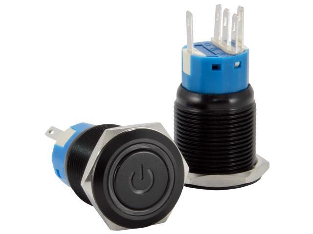 JacobsParts Latching Maintained Pushbutton ON/Off Switch Black Metal with Blue Power Symbol LED Suitable for 3/4' (19mm) Diameter Panel Cutout Hole
