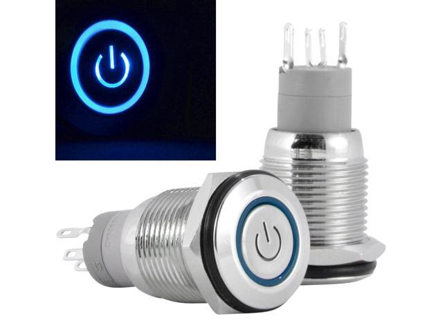 16mm 12V Momentary Push Button Power Switch Stainless Steel Blue LED Waterproof