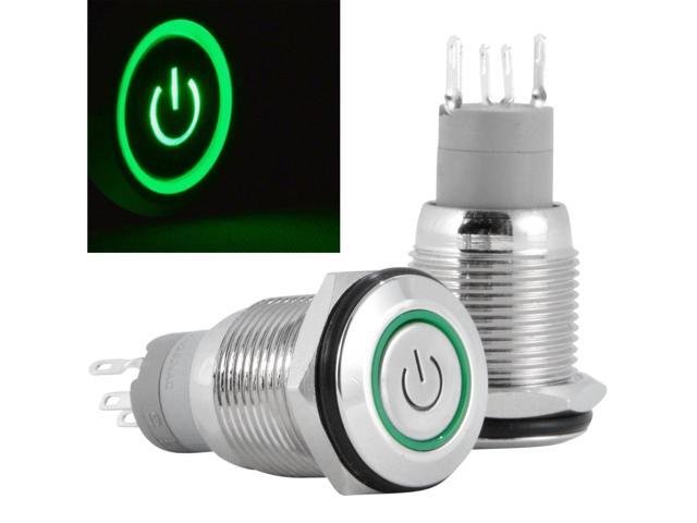 16mm 12V Momentary Push Button Power Switch Stainless Steel Green LED Waterproof