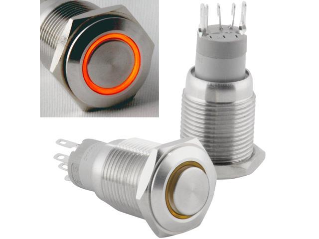 JacobsParts Momentary Pushbutton Starter Switch Stainless Steel Silver with Orange LED fits 5/8' (16mm) Diameter Panel Cutout Hole