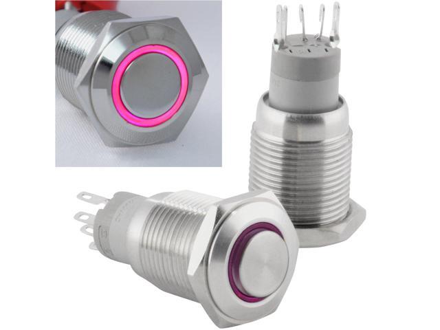 JacobsParts Momentary Pushbutton Starter Switch Circular Metal Silver with Purple LED fits 5/8' (16mm) Diameter Panel Cutout Hole
