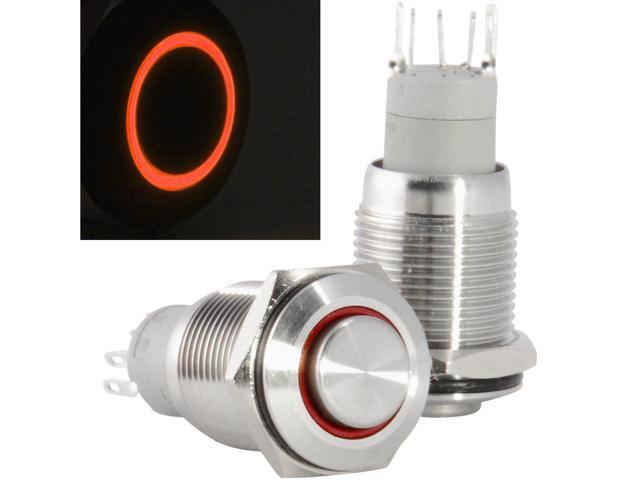 JacobsParts Momentary Pushbutton Starter Switch Circular Metal Silver with Red LED fits 5/8' (16mm) Diameter Panel Cutout Hole
