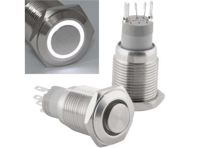 JacobsParts Momentary Pushbutton Starter Switch Circular Metal Silver with White LED fits 5/8' (16mm) Diameter Panel Cutout Hole