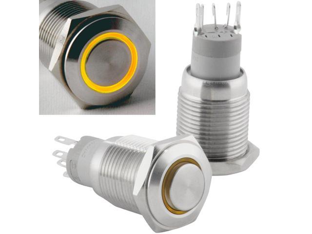 JacobsParts Momentary Pushbutton Starter Switch Circular Metal Silver with Yellow LED fits 5/8' (16mm) Diameter Panel Cutout Hole