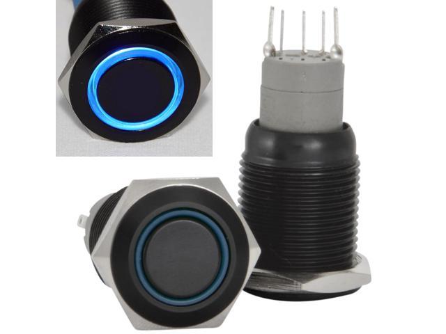 16mm Stainless Steel Latching Push Button Switch (Black with Blue LED)