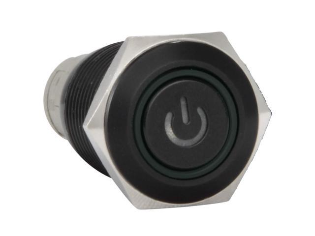 JacobsParts Momentary Pushbutton Starter Switch Circular Metal Black with Green Power Symbol LED fits 5/8' (16mm) Diameter Panel Cutout Hole