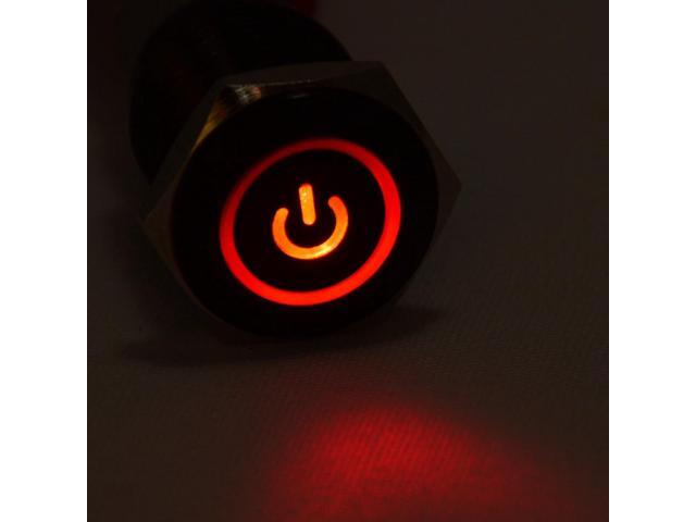 JacobsParts Momentary Pushbutton Starter Switch Circular Metal Black with Red Power Symbol LED fits 5/8' (16mm) Diameter Panel Cutout Hole