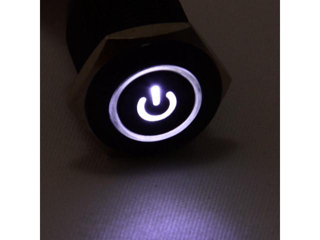 JacobsParts Momentary Pushbutton Starter Switch Circular Metal Black with White Power Symbol LED fits 5/8' (16mm) Diameter Panel Cutout Hole