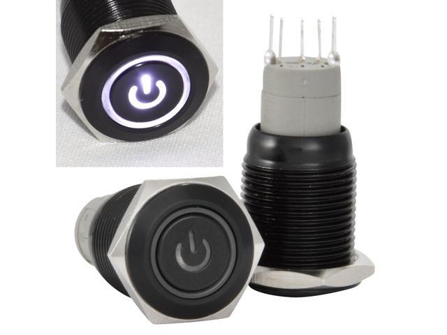 JacobsParts Momentary Pushbutton Starter Switch Circular Metal Black with White Power Symbol LED fits 5/8' (16mm) Diameter Panel Cutout Hole