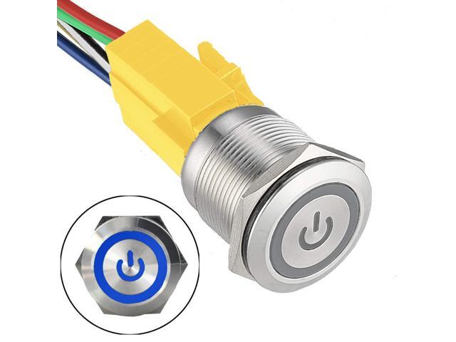 JacobsParts Latching Maintained Pushbutton ON/Off Power Switch Circular Metal Silver with Blue Power Symbol LED fits 5/8' (16mm) Diameter Panel...