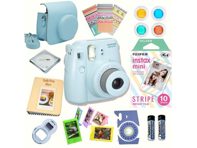 Fujifilm Instax Mini 8 Blue bundle: Instant camera + Instant Stripe Film + Accessories