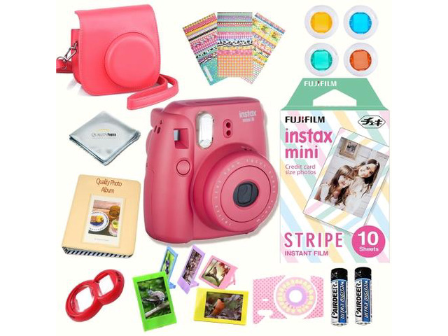Fujifilm Instax Mini 8 Raspberry bundle: Instant camera + Instant Stripe Film + Accessories