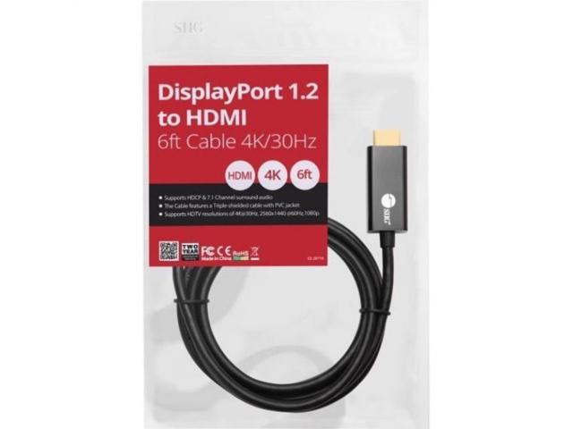 siig displayport 1.2 to hdmi 1.4 passive cable 4k @30hz - dp to hdmi male to male adapter cable - hdcp - 6 feet