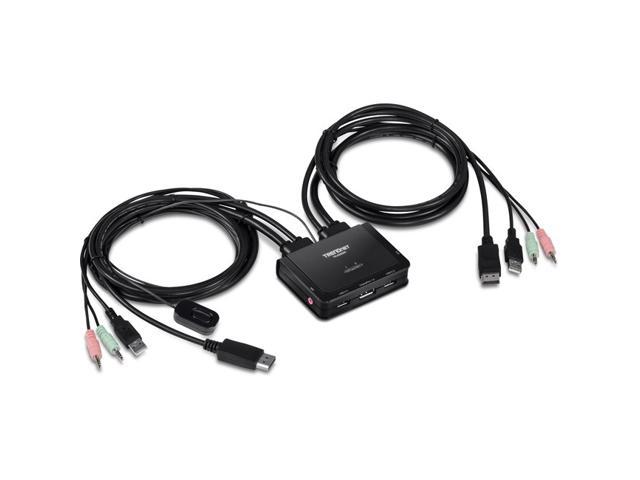 TRENDnet 2-Port 4K DisplayPort 1.2 KVM Switch with Audio, 4K UHD (3840 x 2160@60Hz), 3.5mm Speaker/Microphone, USB 2.0, Integrated Cables, Black.