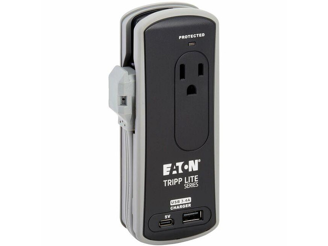 Eaton Tripp Lite Series Protect It! 2-Outlet Travel-Size Surge Protector - 5-15R Outlets, USB-C and USB-A Ports, 5-15P Input, Black - Black, Gray -...