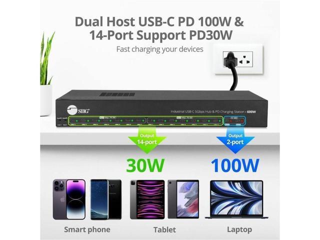 SIIG 16-port Industrial 600W USB-C PD Charging Station with 5Gbps USB Hub - SIIG Industrial Grade PD Charging Station with USB-C 5Gbps Hub - 600W -...
