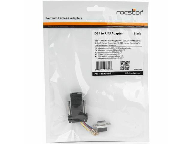 Rocstor DB9 to RJ45 Modular Serial Adapter - Black - 1 x 9-pin DB-9 Serial - Female - 1 x RJ-45 Network - Female - Gold Connector - Gold Contact -...