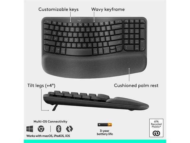 Logitech - Wave Keys and Lift Vertical Mouse Wireless Ergonomic Keyboard and Mouse Bundle with Cushioned Palm Rest - Graphite - image 10