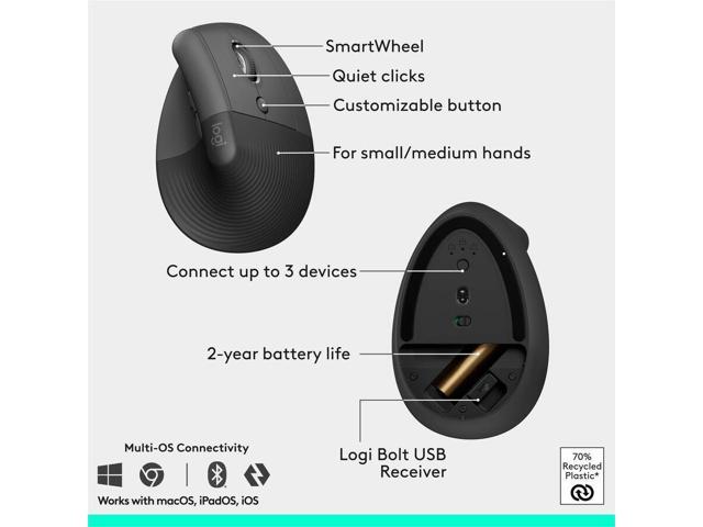 Logitech - Wave Keys and Lift Vertical Mouse Wireless Ergonomic Keyboard and Mouse Bundle with Cushioned Palm Rest - Graphite - image 11