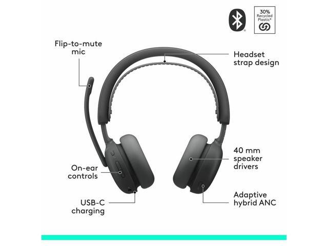 Logitech Zone Wireless 2 ES - Noise-Canceling Wireless Headset with Adaptive Hybrid ANC (Graphite, UC)