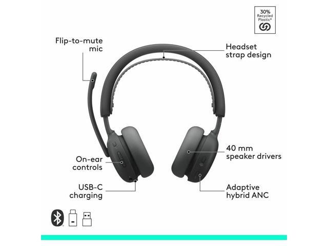 Logitech Zone Wireless 2 ES for Business - Noise-Canceling Wireless Headset with Adaptive Hybrid ANC (Graphite, Microsoft Teams, with receiver)