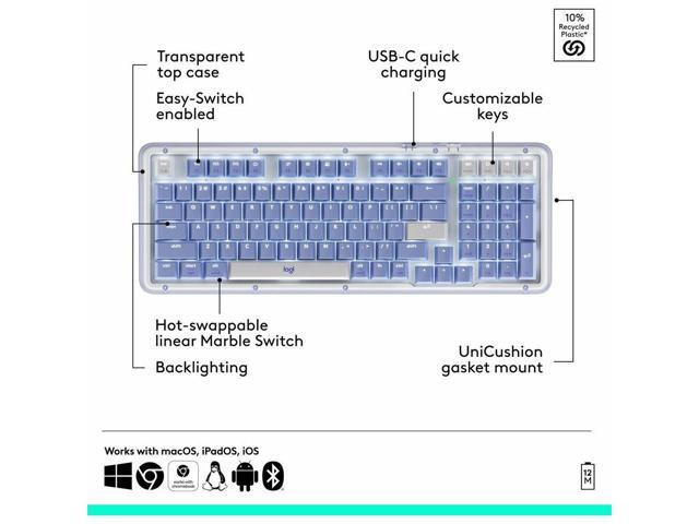 Logitech Alto Keys K98M Wireless Mechanical Keyboard, Customizable Keyboard with Vibration Absorbing Gasket, Backlit Keys, Lilac - Wireless...