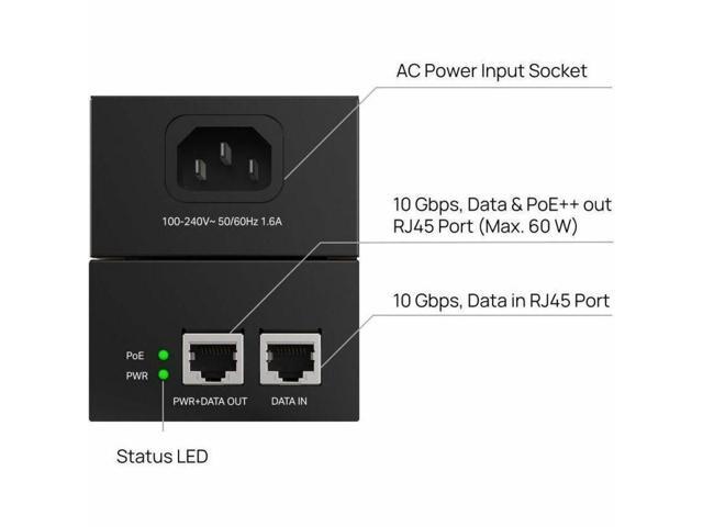 TP-Link POE370S 10G PoE++ Injector - 120 V AC, 230 V AC Input - 1 x 10 Gigabit Ethernet Input Port(s) - 1 x 10 Gigabit Ethernet Output Port(s) - 60 W