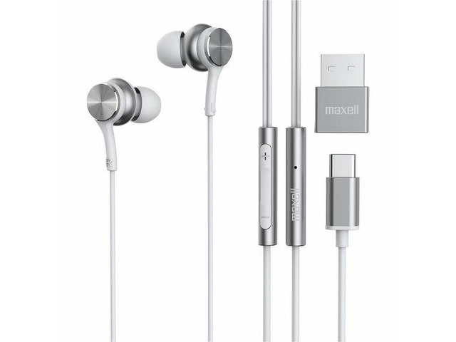 Maxell Fusion X USB-C Earbuds - Stereo - USB Type C - Wired - 32 Ohm - 20 Hz to 20 kHz - Earbud - Binaural - In-ear - 3.94 ft Cable - White