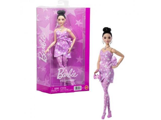Mattel Barbie Deluxe Style Fashion Doll #11 in Pink Denim Star-Print Dress, Black Hair in Bun - JJN71