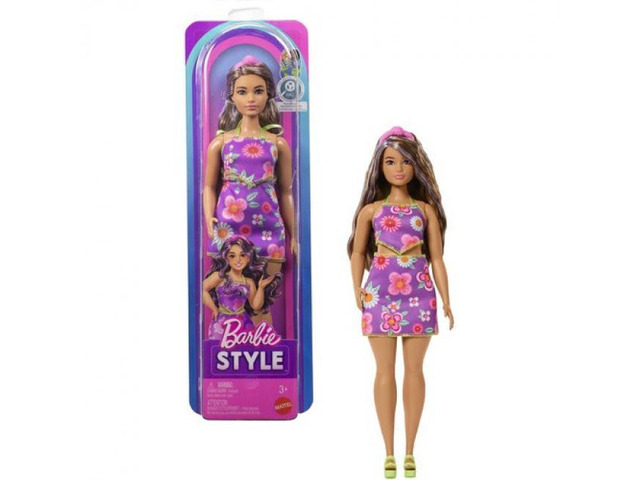 Mattel Barbie Fashionistas Doll #244 With Floral Halter Dress, Purple-Streaked Brown Hair - JJN57