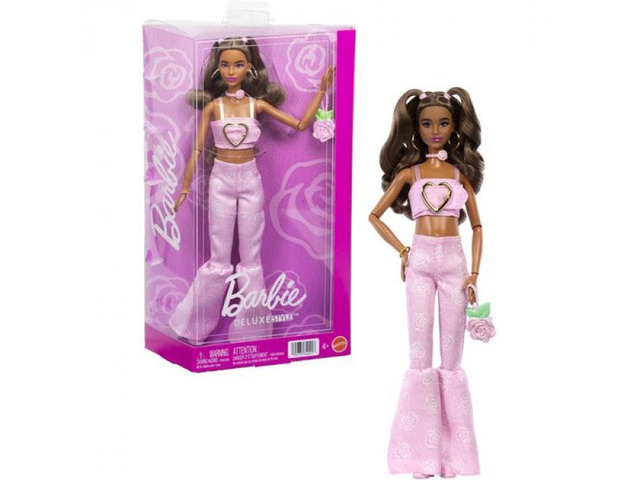 Mattel Barbie Deluxe Style Fashion Doll #12 in Pink Denim Crop Top And Flare Jeans, Brunette - JJN72