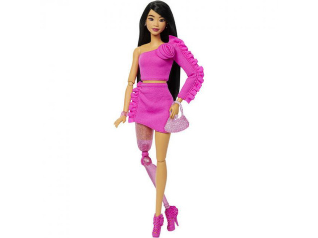 Mattel Barbie Deluxe Style with Black Hair and Glittery Prosthetic Leg, Pink Top and Skirt Set with Rose Detail and Accessories - HYV26